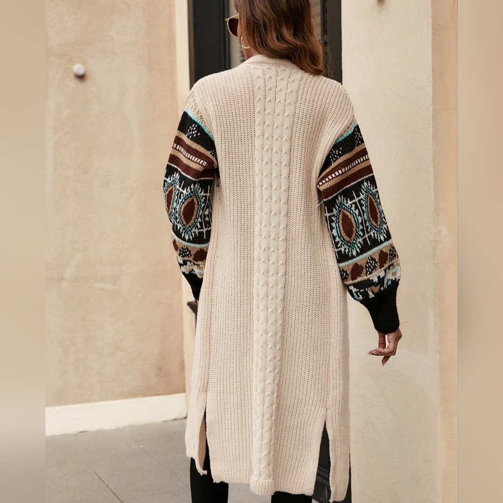 Geo Pattern Drop Shoulder Duster Cardigan - Picture 3 of 5